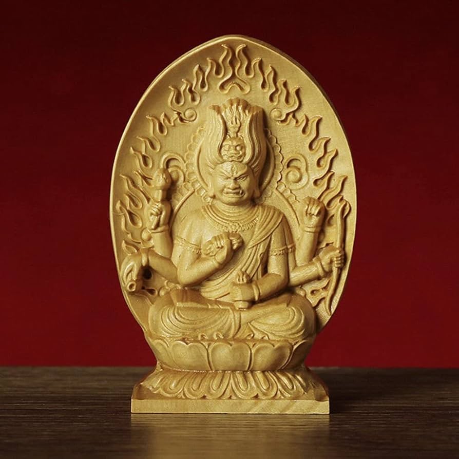 愛染明王像　 金色装飾付き 木彫り仏像 桧木【愛染明王】坐2.5寸 総高25.5cm : 海宇工芸館
